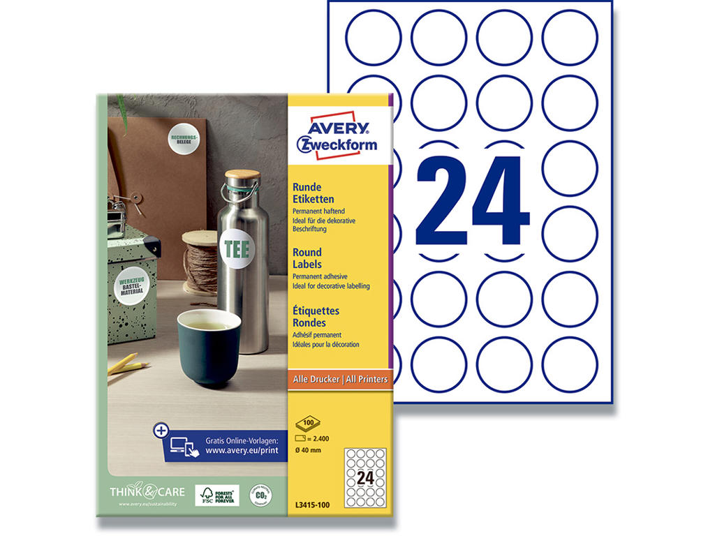 Etiketter, Ø40 mm, Hvid, 2400 etiketter i alt, Avery 
