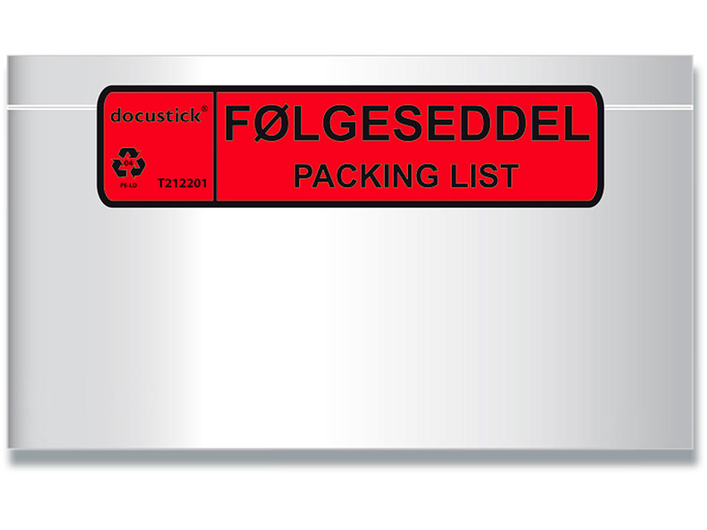 Følgeseddellommer, ''Følgeseddel''/''Packing List'', C65, 1000 lommer, BNT Docustick 