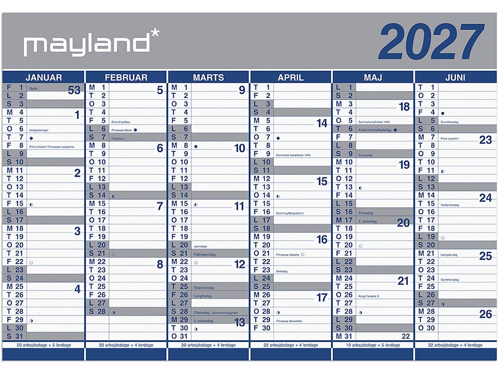 Vægkalender, 2027, Kæmpe, 6 måneder pr. side, 100x70 cm, Mayland