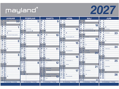 Vægkalender, 2027, Kæmpe, 6 måneder pr. side, 100x70 cm, Mayland