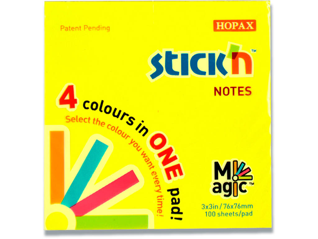 Memonotes, 76x76 mm, 4 assorterede farver, 1 blok, Stick'n Magic 