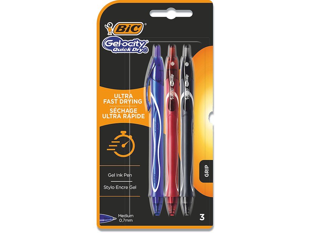 Rollerball gelpen, 0.7 mm, 0.3 mm, Sort Blå Rød, BiC GelO Quick Dry 