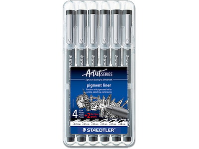 Fineliner, Sort, 0.05, 0.1, 0.2, 0.3, 0.5, 0.8 mm, 6 stk, Staedtler Pigment 308