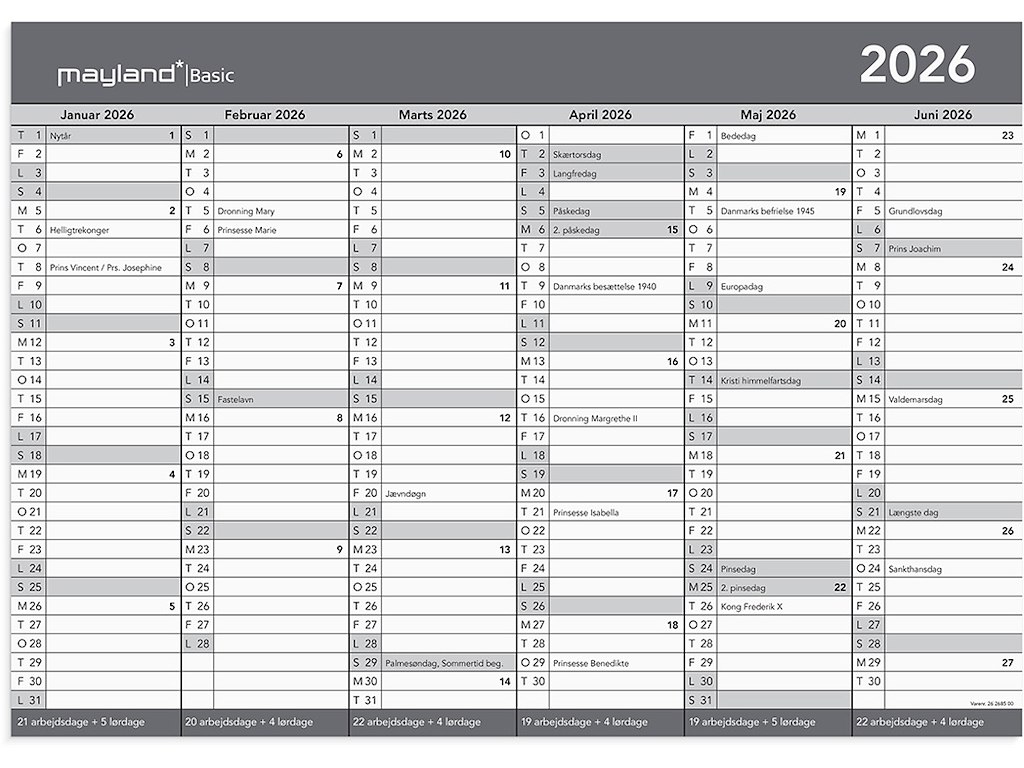 Vægkalender, 2026, A3, Basic Kontor, 6 måneder pr. side, Mayland