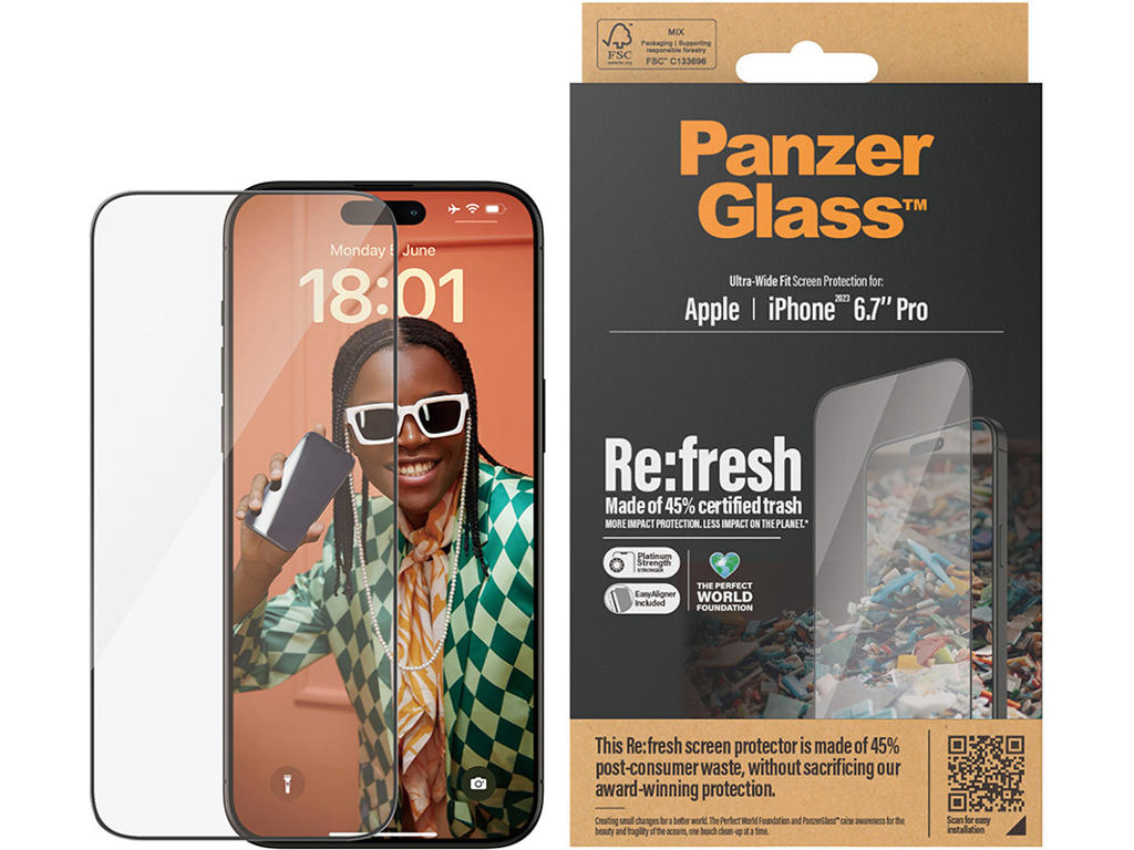 Skærmbeskyttelse, iPhone 15 Pro Max, Transparant med sort ramme, PanzerGlass UWF 