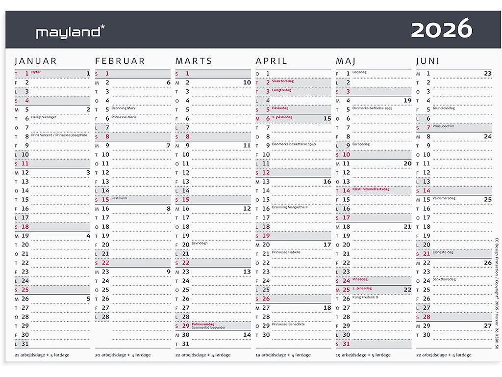 Vægkalender, 2026, A5, Kontor, Moderne, 6 måneder pr. side, Mayland