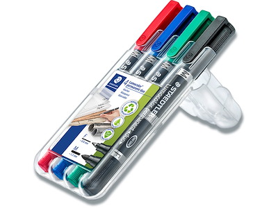 Marker, Rund spids, F og M, Sort Rød Blå Grøn, Staedtler Lumocolor 348 Duo