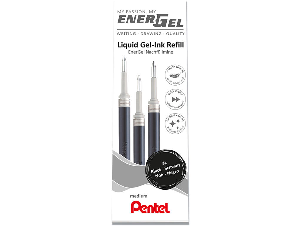 Rollerball gelpen refill, 0.7 mm, 0.35 mm, Sort, 3 stk, Pentel EnerGel LR7-3A