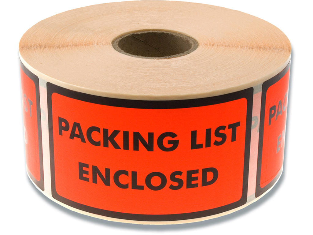 Etiketter, 120x70 mm, Floucerende orange og sort, 1000 etiketter i alt, BNT ''Packing List Enclosed'' 