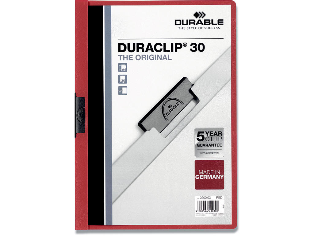 Klemmappe, 30 ark, Rød, Transparent forside, Durable DURACLIP 30