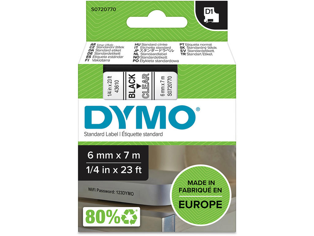 Labeltape, 6mm x 7m, Sort på Transparent, 1 rulle, Dymo D1 43610