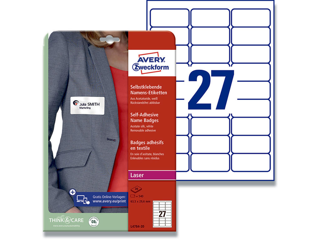 Navneskilt, Klæbes på tøj, 63.5x29.6 mm, 540 stk, Avery Selvklæbende til tekstil