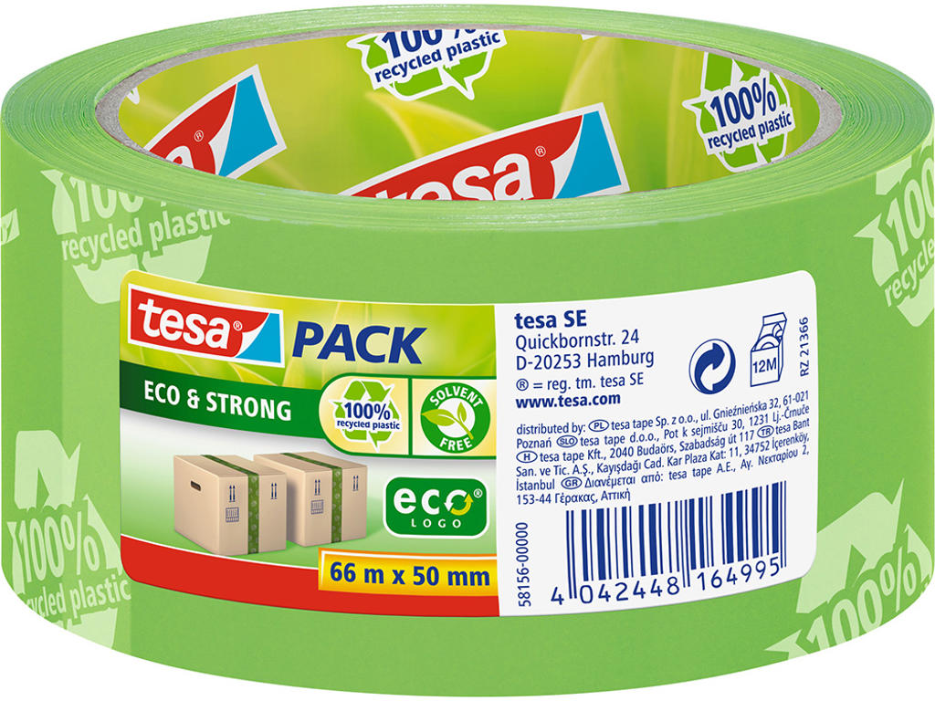 Tape - emballage, 50mm x 66m, Grøn, 1 rulle, Tesa ecoLogo 58156