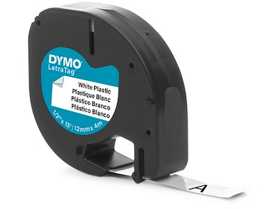 Labeltape, 12mm x 4m, Sort på Hvid, 1 rulle, Dymo LetraTag Plast