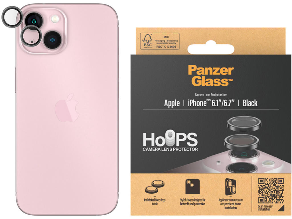Kameralinsebeskytter, iPhone 15 og iPhone 15 Plus, Sort, 1 sæt, PanzerGlass Hoops