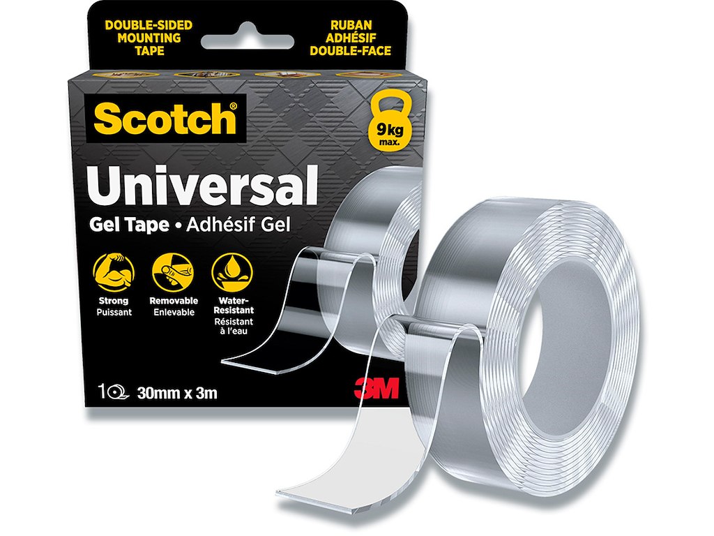Tape - dobbeltklæbende, 30mm x 3m, Gel, 1 rulle, Scotch Universal