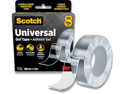 Tape - dobbeltklæbende, 30mm x 3m, Gel, 1 rulle, Scotch Universal
