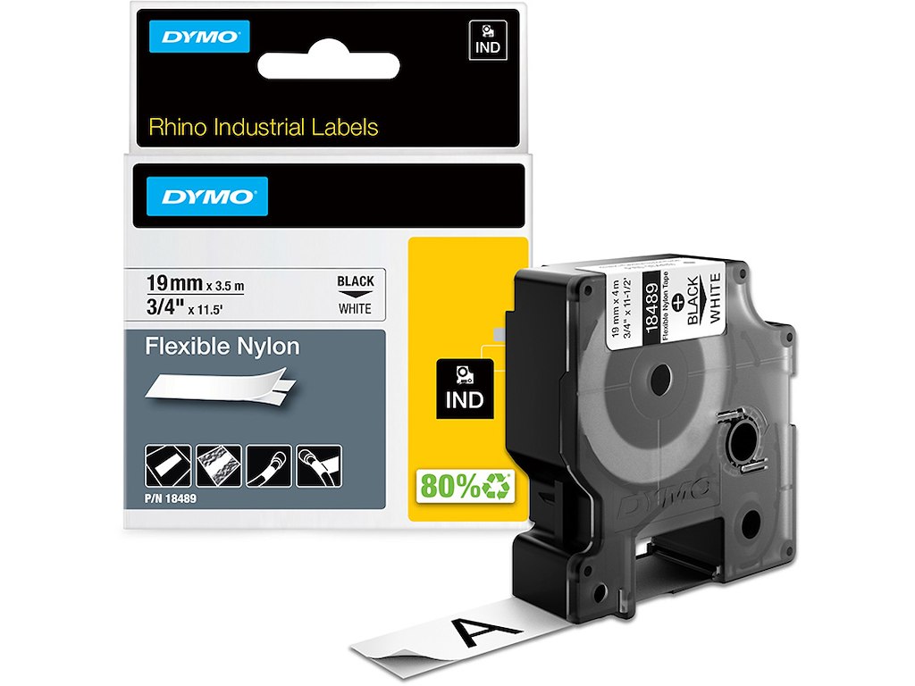 Labeltape, 19mm x 3.5m, Sort på Hvid, 1 rulle, Dymo Rhino Industri