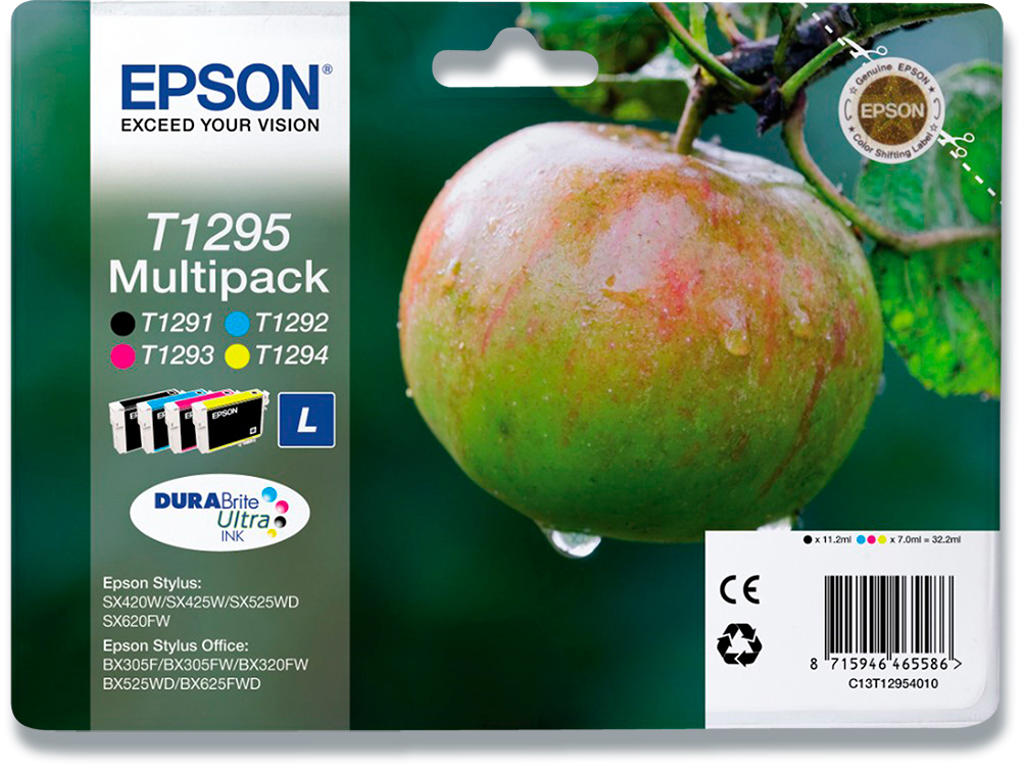 Blækpatroner, 4 stk, Sort: 380 sider Farver: 420 sider, 4 farver, Epson T1295