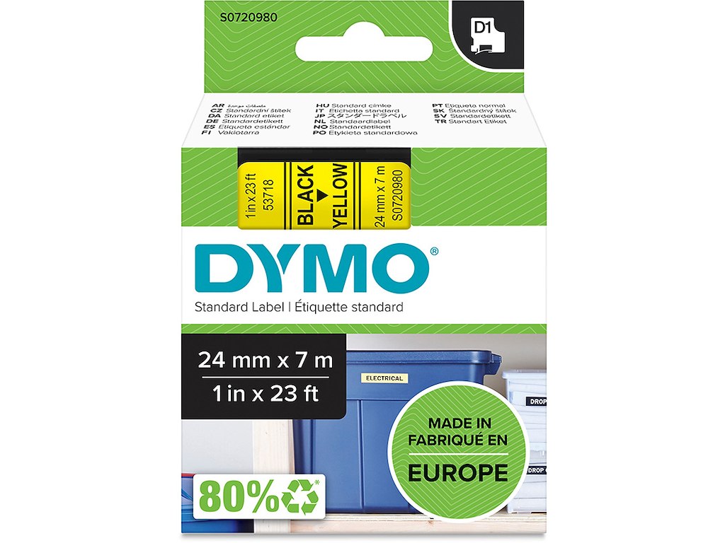 Labeltape, 24mm x 7m, Sort på Gul, 1 rulle, Dymo D1 53718