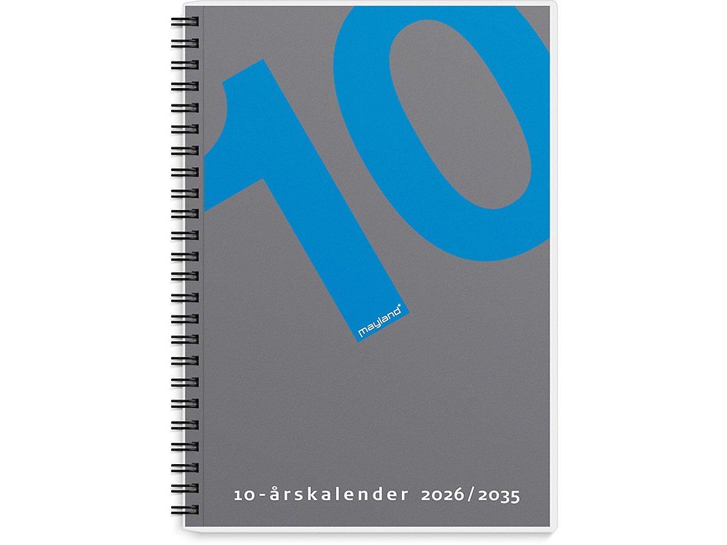 Kalender, 2026-2035, 10 års, 1 år pr. opslag, Grå og blåt 10-tal, Mayland