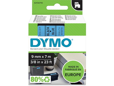 Labeltape, 9mm x 7m, Sort på Blå, 1 rulle, Dymo D1 40916