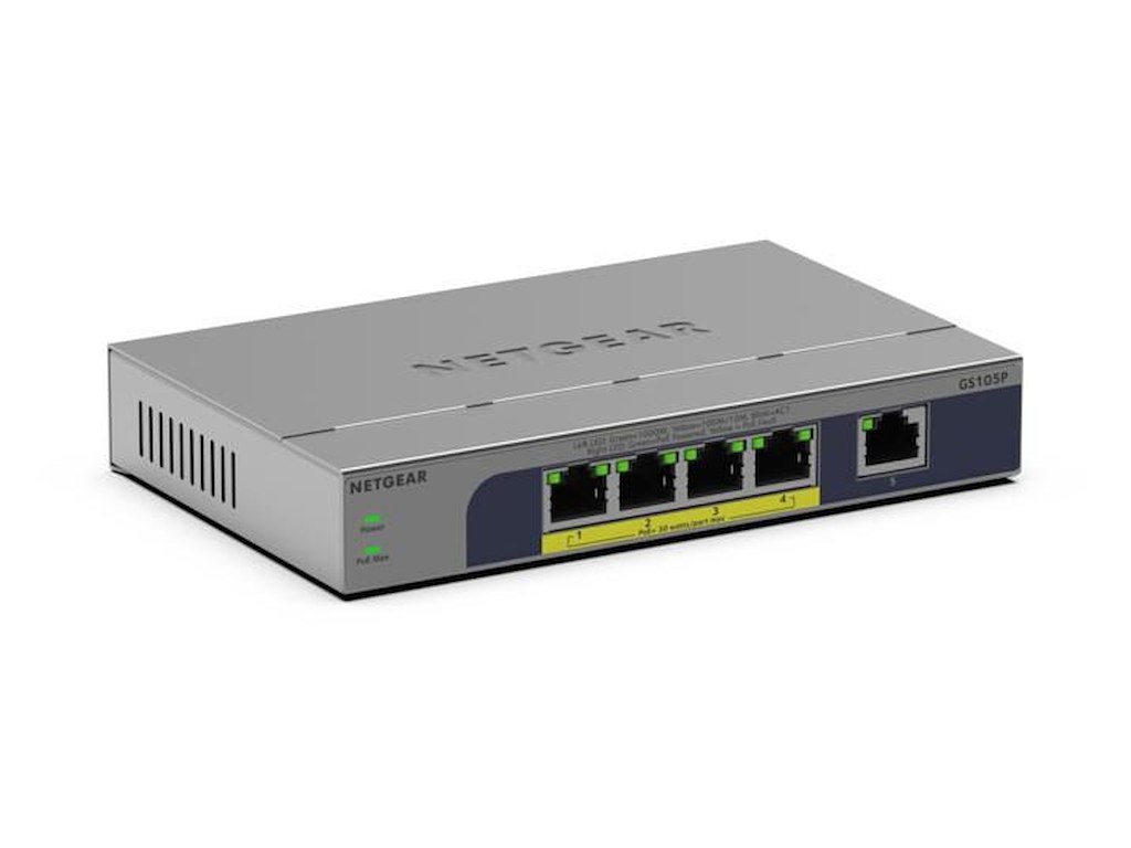 NETGEAR GS105P Ikke administreret Gigabit Ethernet (10/100/1000) Strøm over Ethernet (PoE) Bord-/vægmontering Grå