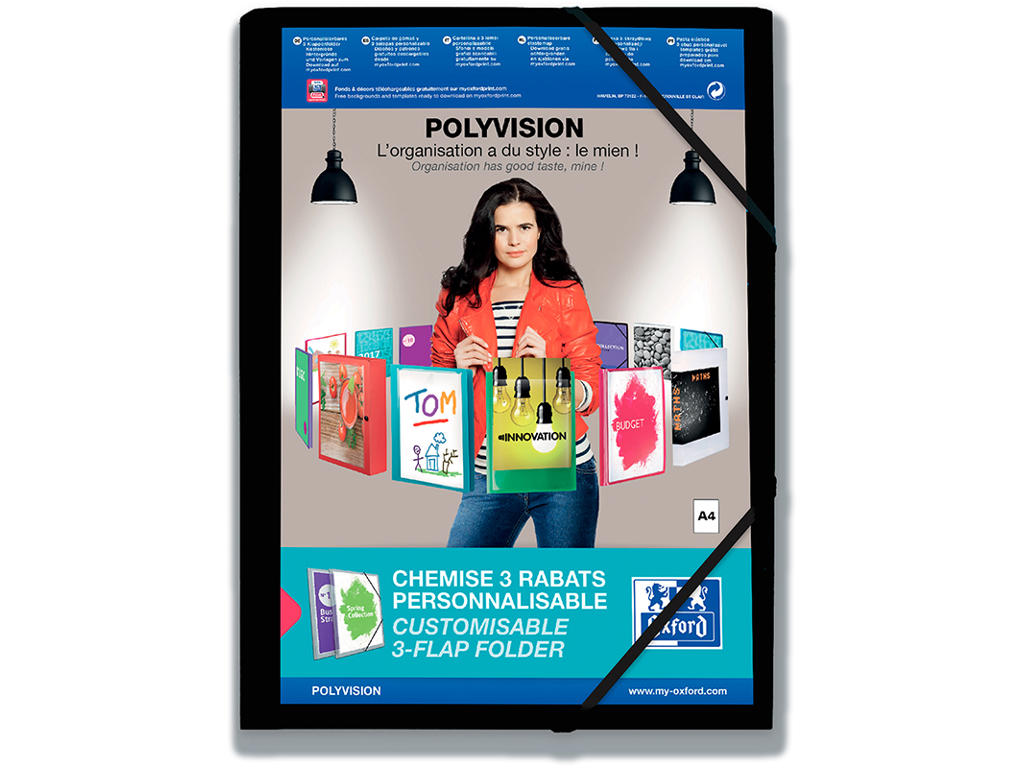 Samlemappe, 3 klapper, 2 elastikker, Sort, Oxford Polyvision 