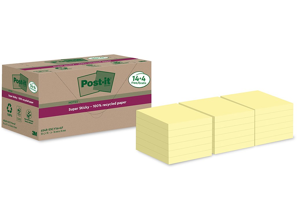 Memonotes, 76x76mm, Gul, 18 blokke, Post-it Super Sticky Recycled