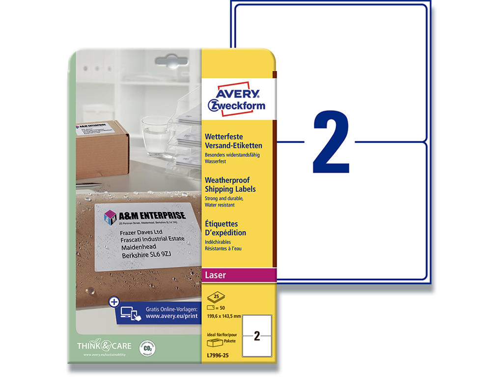 Etiketter, 199.6x143.5 mm, Hvid, 50 etiketter i alt, Avery Vejrbestandig 