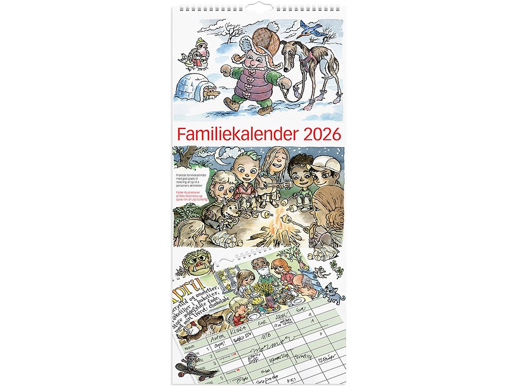 Familiekalender, 2026, Otto Dickmeiss & Lilja Scherfig, 6 personer, 1 måned pr. opslag, Mayland