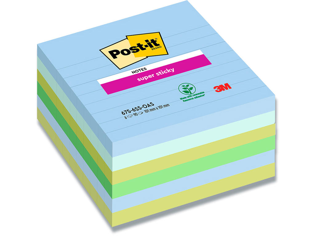 Memonotes, 101x101 mm, Assorteret Oasis, 6 blokke, Post-it Super Sticky Linjeret