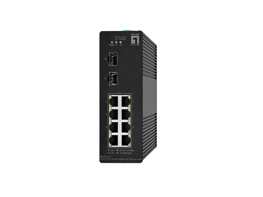 LevelOne Hilbert 10-Port Industrial Gigabit PoE Smart Lite Switch, 2 x SFP, 8 PoE Outputs, 802.3at/af PoE
