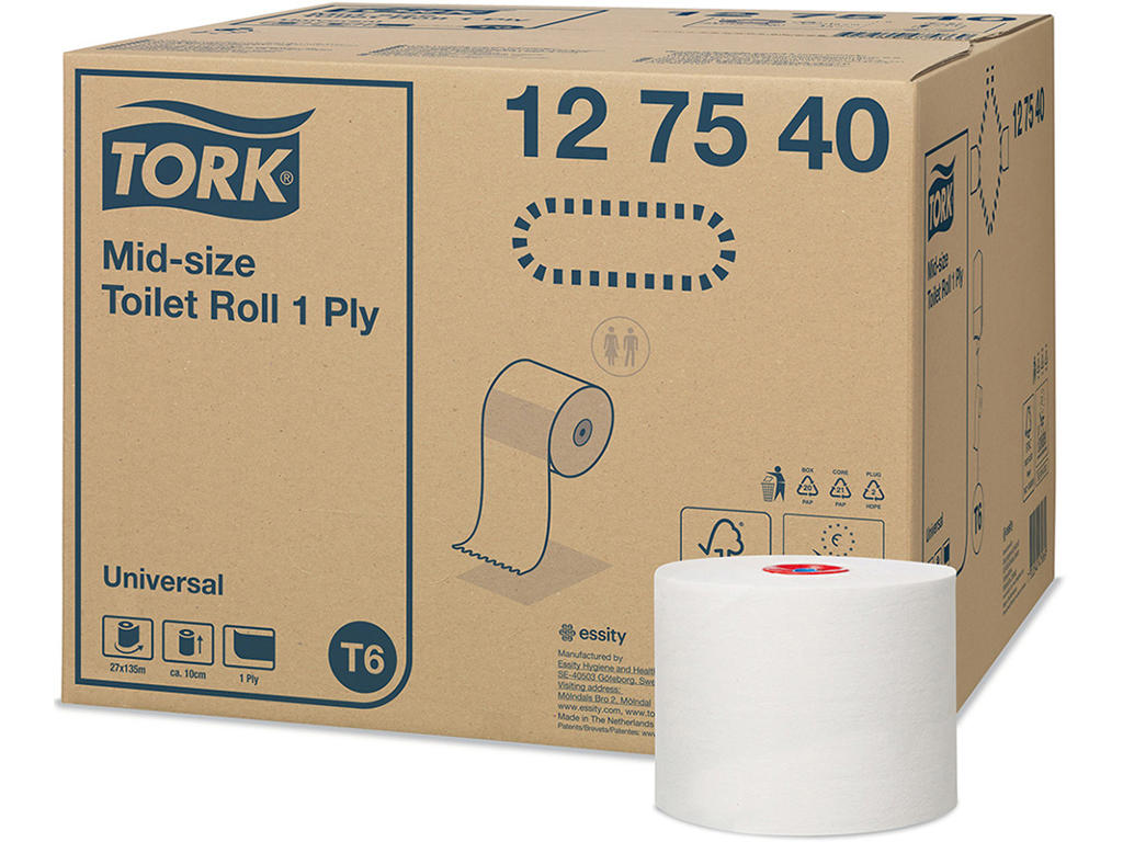 Toiletpapir, Udvendig oprulning, 1 lag, 27 ruller, Tork Universal Mid-Size T6