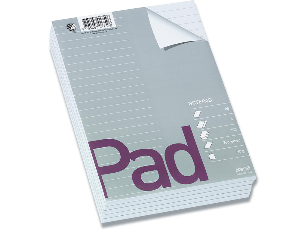 Papirblok, Linjeret, A5, 5 blokke, Bantex Note Pad 