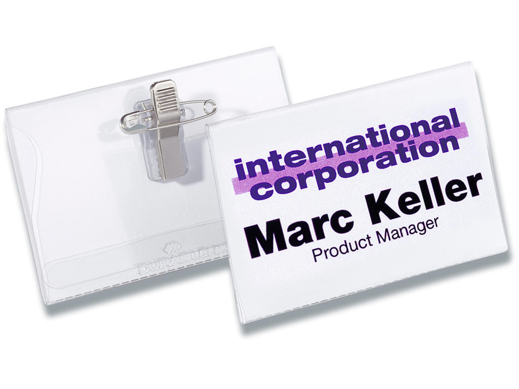 Navneskilt, Med klemme, sikkerhedsnål og indstik, 40x75 mm, 50 stk, Durable 