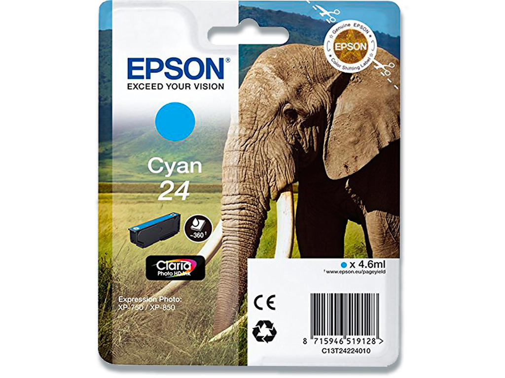 Blækpatron, 1 stk, 740 sider, Cyan-blå, Epson T2432