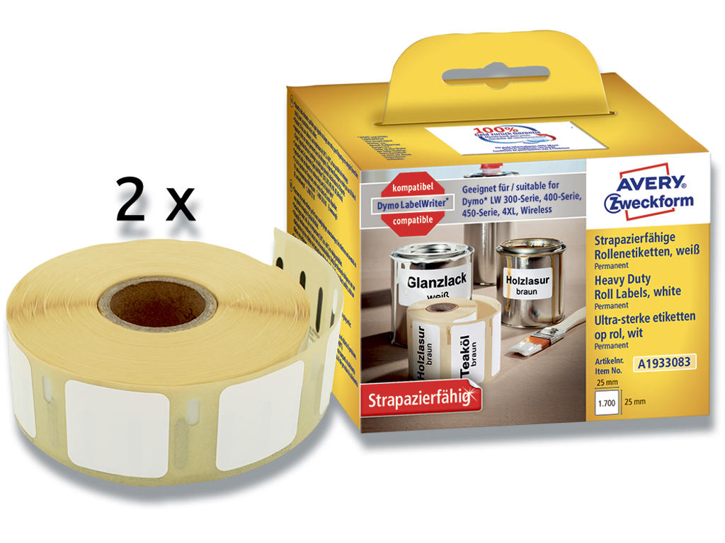 Labeletiketter, Holdbare og modstandsdygtige, 25x25 mm, 2 ruller af 850 etiketter, Avery Direct Thermal 1933083