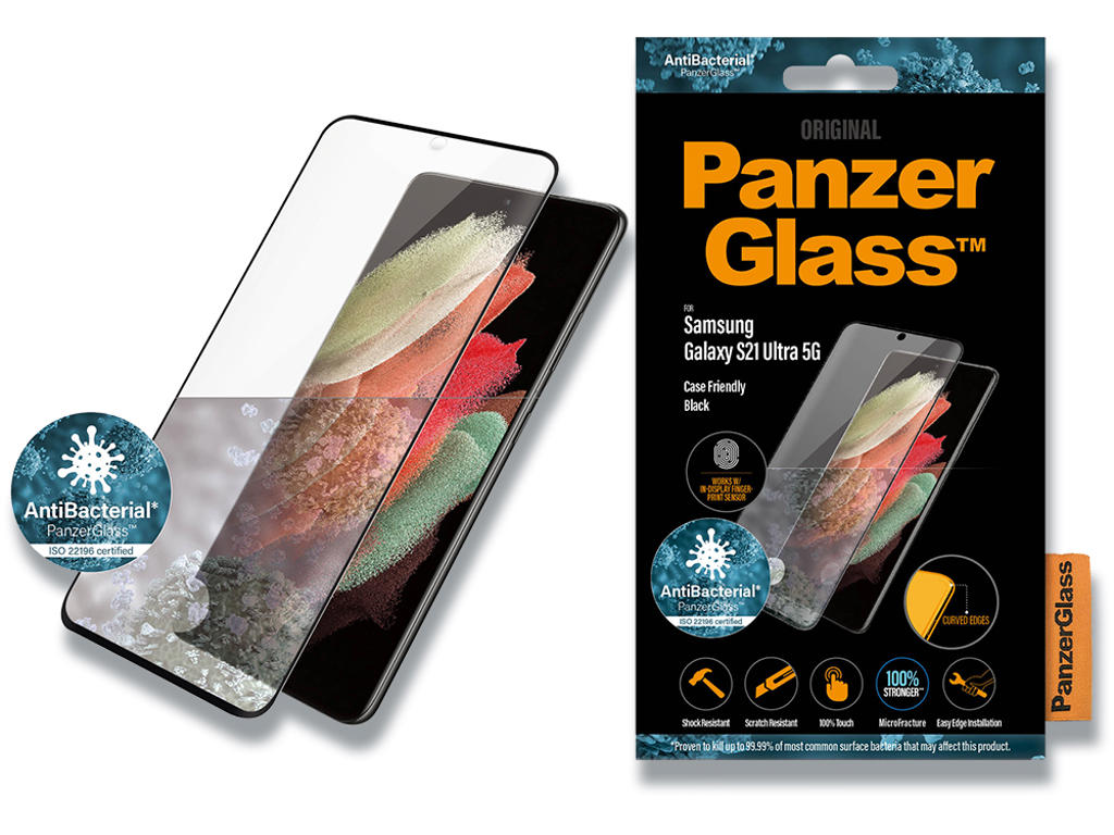 Skærmbeskyttelse, Samsung Galaxy S21 Ultra, Sort, 1 stk, PanzerGlass Antibacterial Case Friendly 