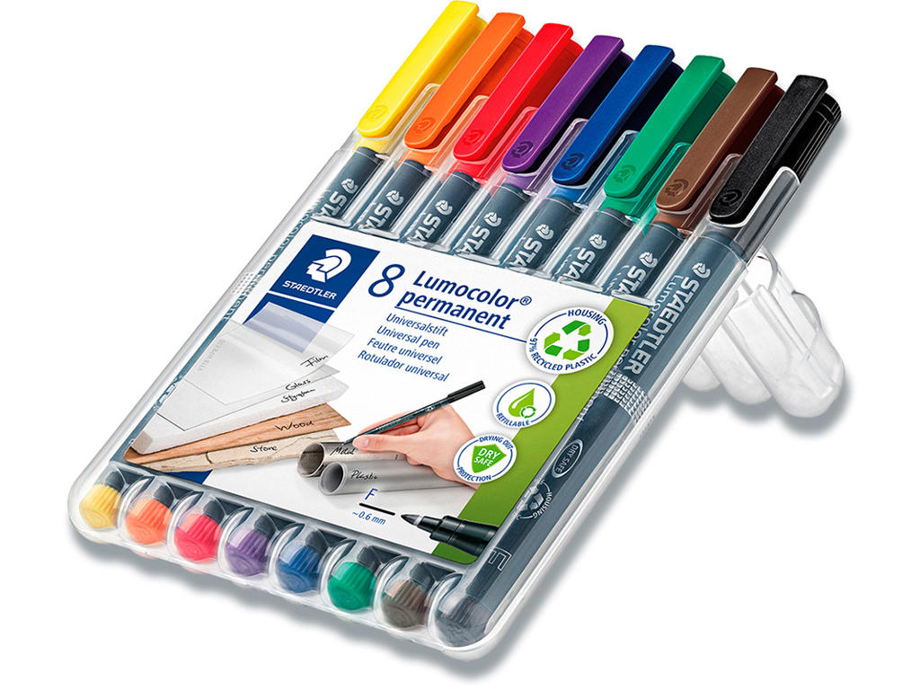 Marker, Rund spids, 0.6 mm, 8 farver, Staedtler Lumocolor 318 F