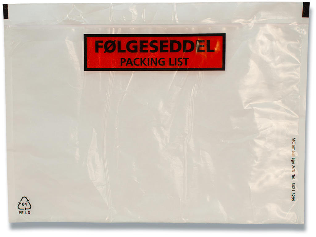 Følgeseddellommer, ''Følgeseddel''/''Packing List'', C5, 1000 lommer, 