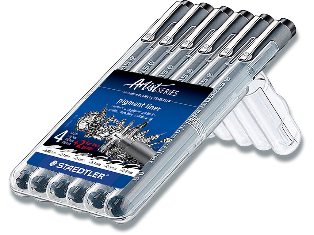 Fineliner, Sort, 0.05, 0.1, 0.2, 0.3, 0.5, 0.8 mm, 6 stk, Staedtler Pigment 308