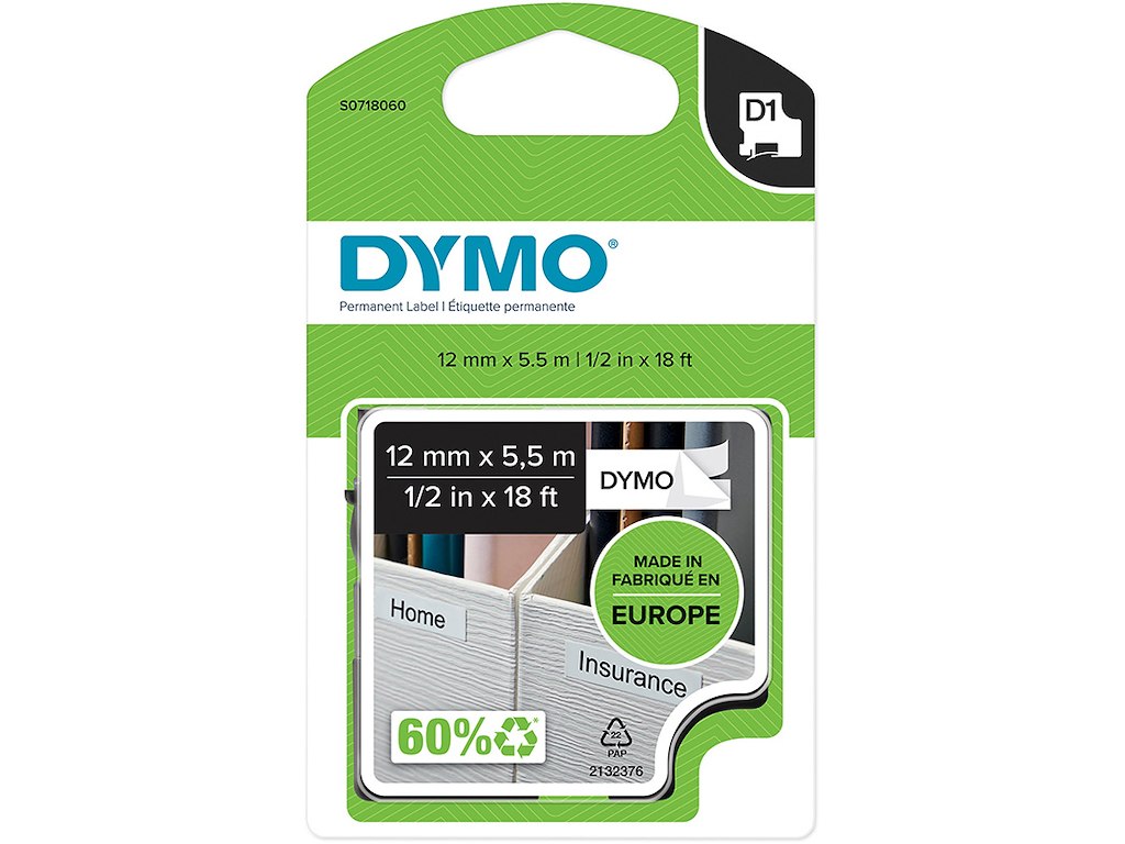 Labeltape, 12mm x 5.5m, Sort på Hvid, 1 rulle, Dymo D1 16959