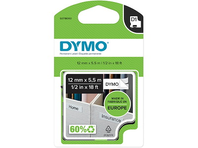 Labeltape, 12mm x 5.5m, Sort på Hvid, 1 rulle, Dymo D1 16959