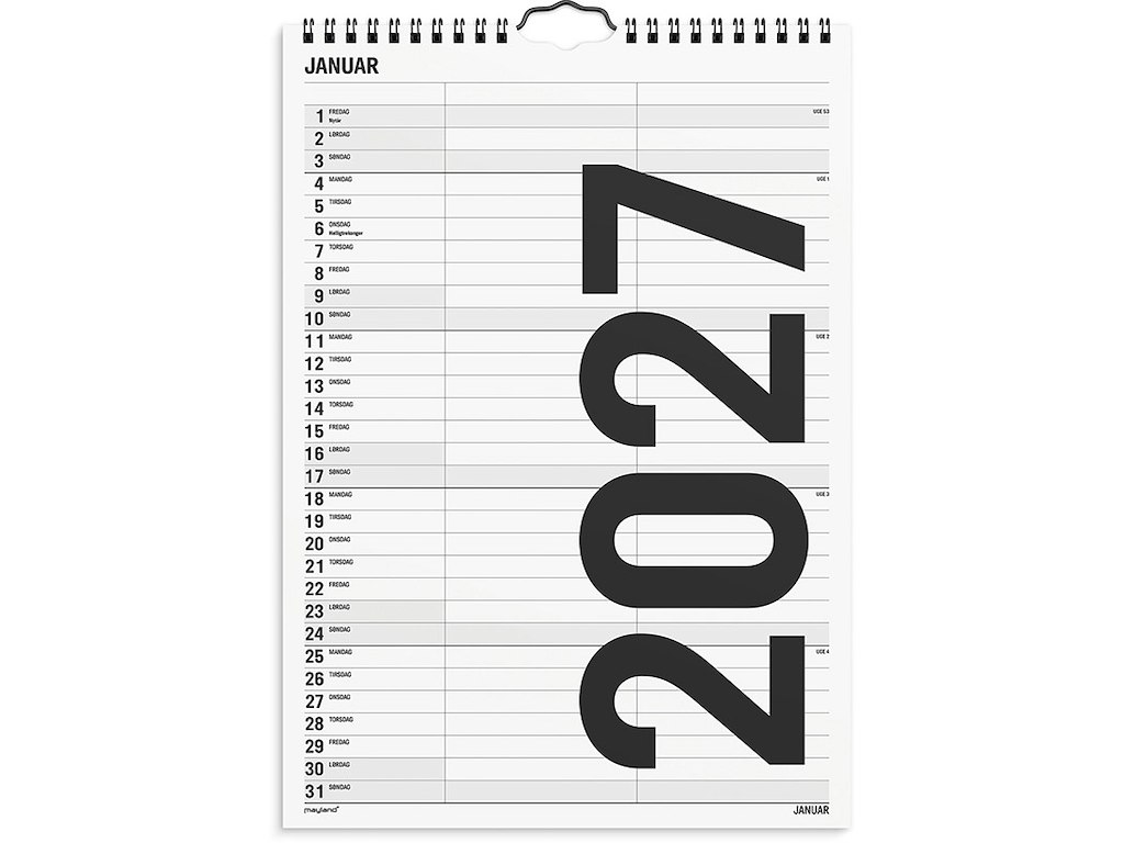 Familiekalender, 2027, Black and white, 2 personer, 1 måned pr. opslag, Mayland