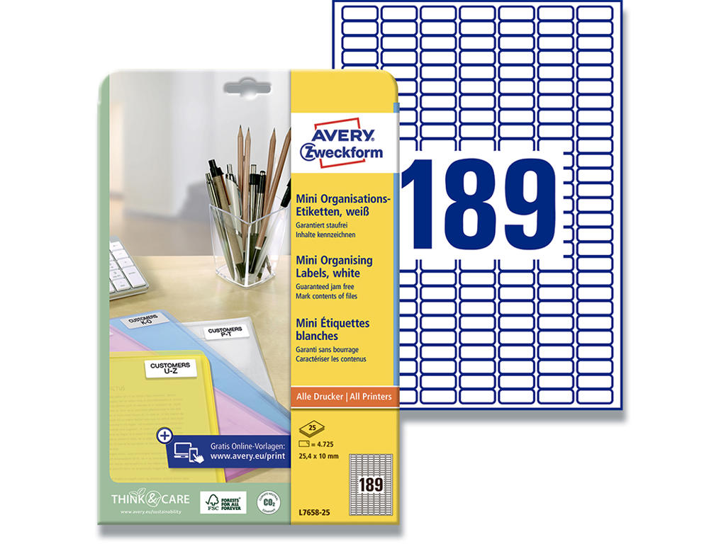 Etiketter, 25.4x10 mm, Hvid, 4.725 etiketter i alt, Avery 