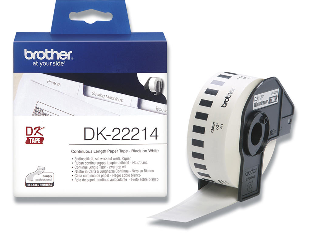 Labeltape, 12mm x 30.48m, 1 rulle, Hvid, Brother P-Touch DK-22214