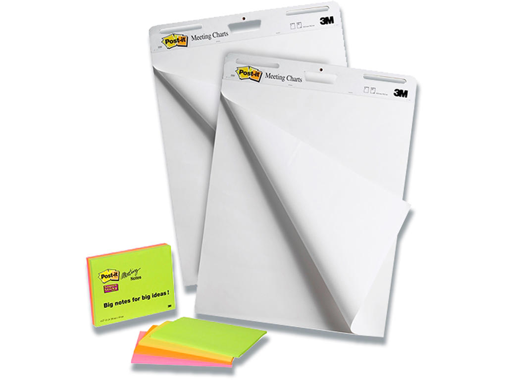 Flipoverpapir, 2 stk 63.5x77.4 cm og 4 stk mødenotes, 3M 64454SS