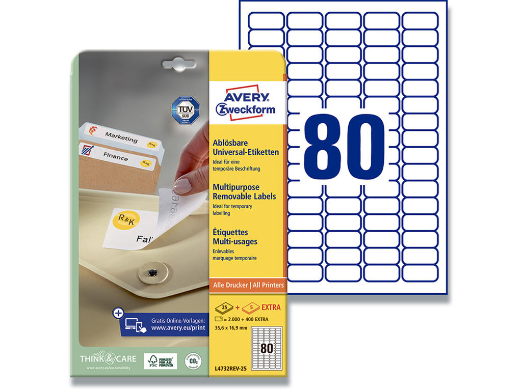 Etiketter, 35.6x16.9 mm, Hvid, 2.400 etiketter i alt, Avery 