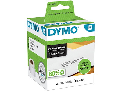 Labeletiketter, Adresse, 28x89 mm, 2 ruller af 130 etiketter, Dymo LabelWriter 99010